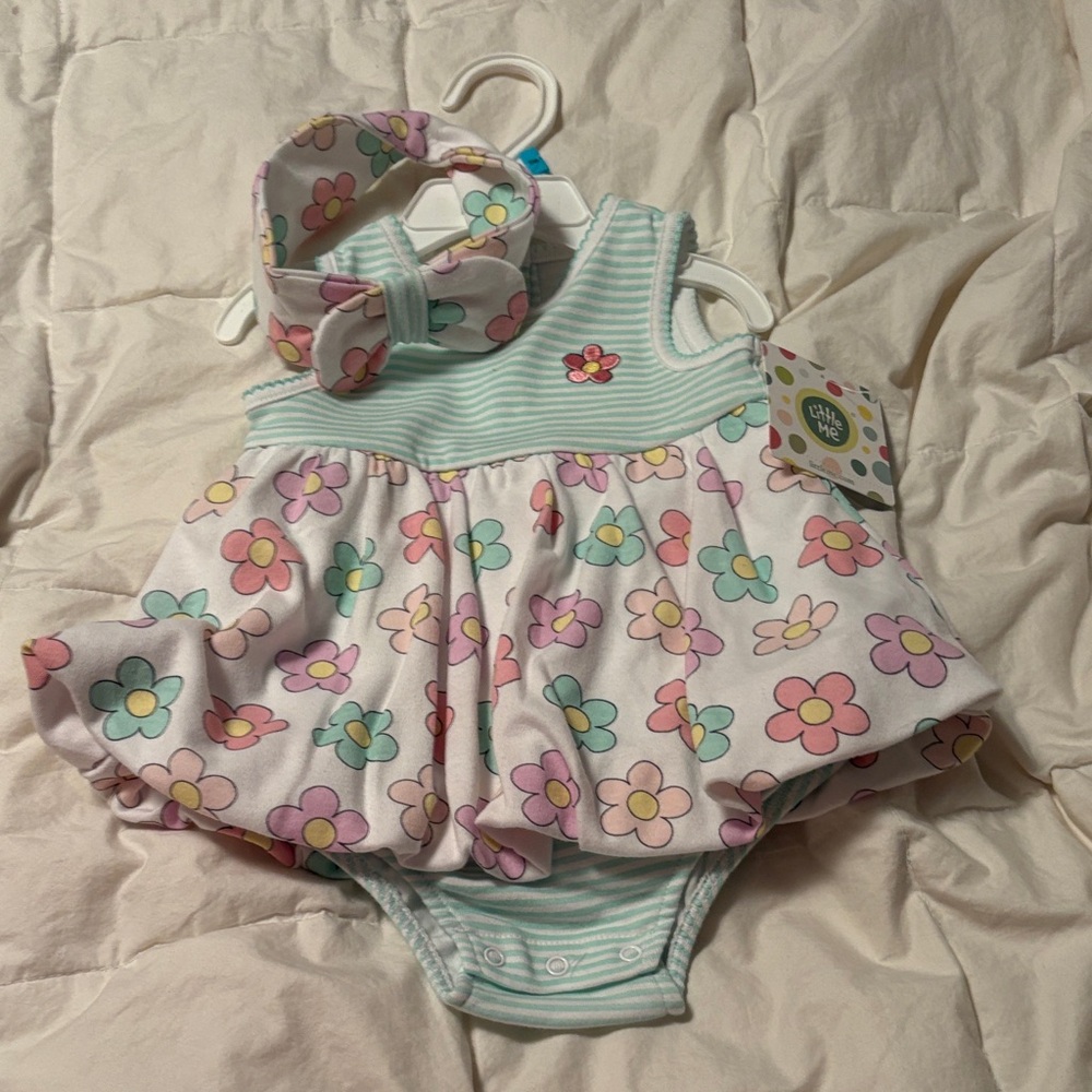 Little Me Flower Print Baby Dress & Headband - Pastel Pink, Mint, Yellow